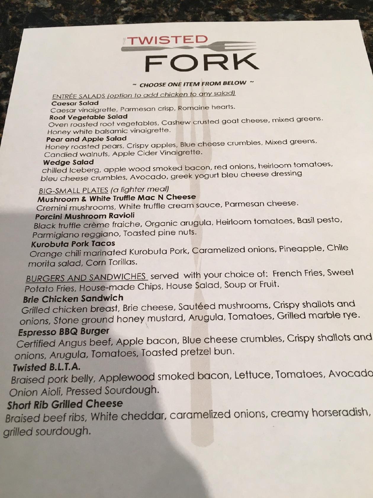 Menu at The Twisted Fork restaurant, Reno