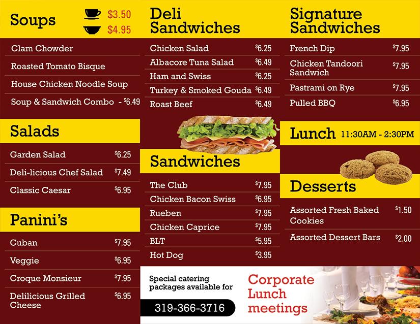 Menu at Deli-licious restaurant, Cedar Rapids