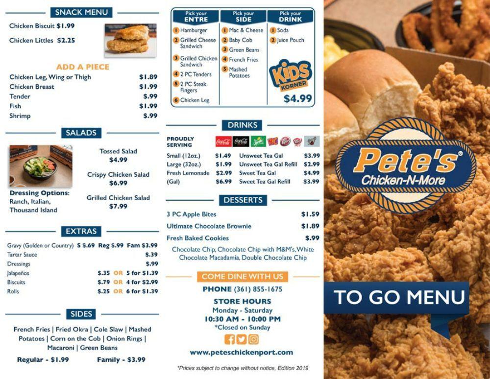 Menu at Pete's ChickenNMore restaurant, Corpus Christi, Yorktown Blvd