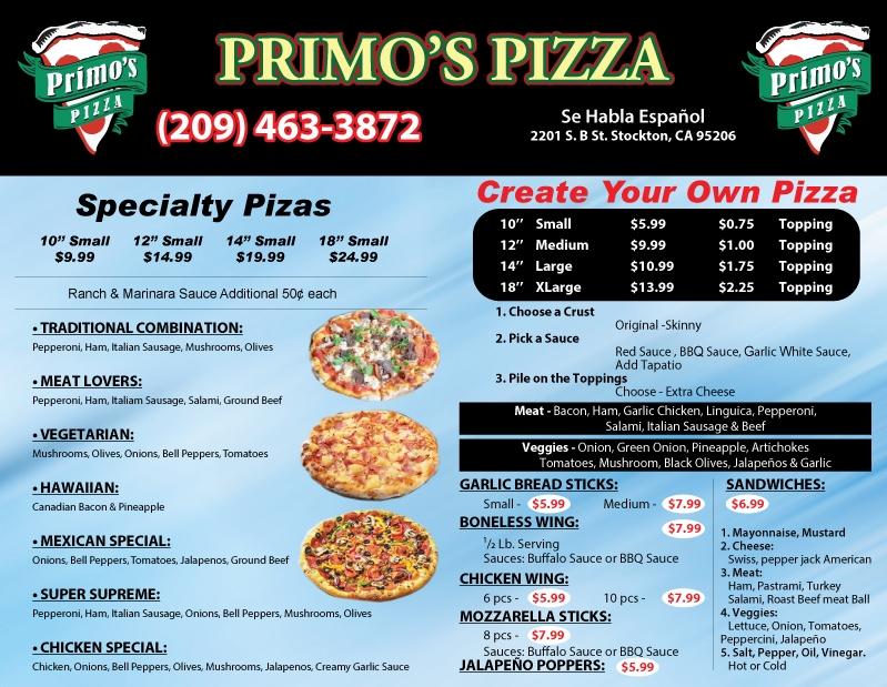 Menu at Primos pizza pizzeria, Stockton