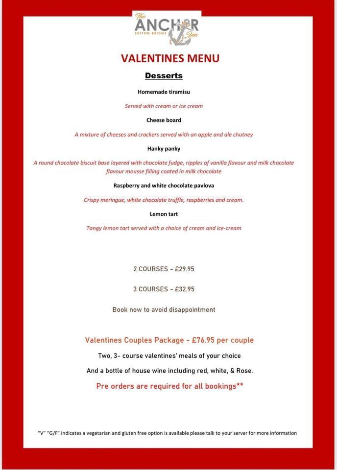 Menu at The Anchor Inn restaurant, Sutton Bridge