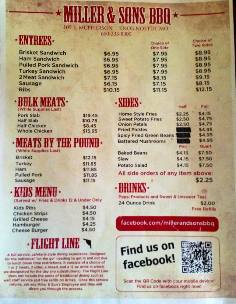 Menu at Miller & Sons BBQ, Knob Noster