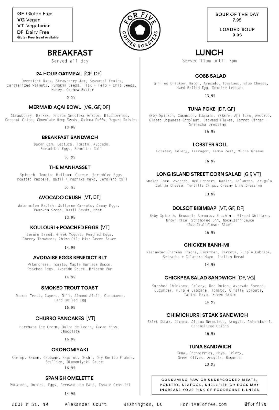 Menu at For Five Coffee DC restaurant, Washington