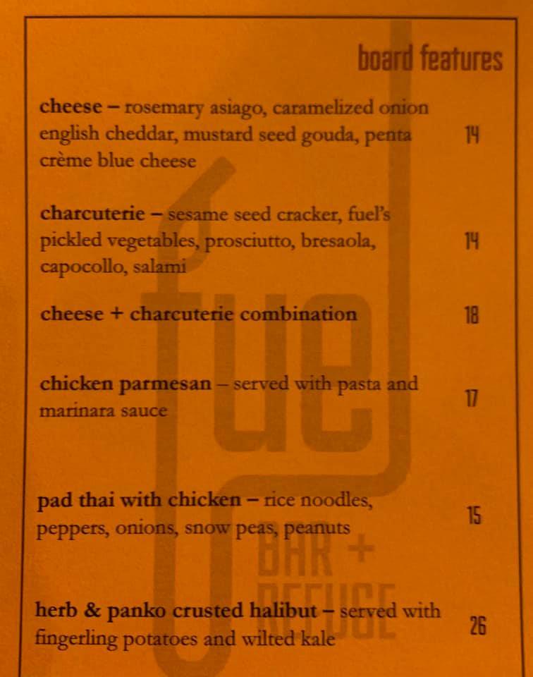 Menu at fuel bar + refuge, Spring Lake