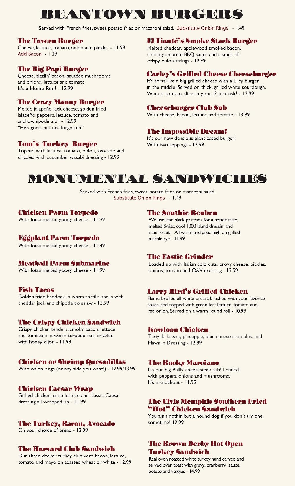 Menu at Boston Tavern pizzeria, Norwood