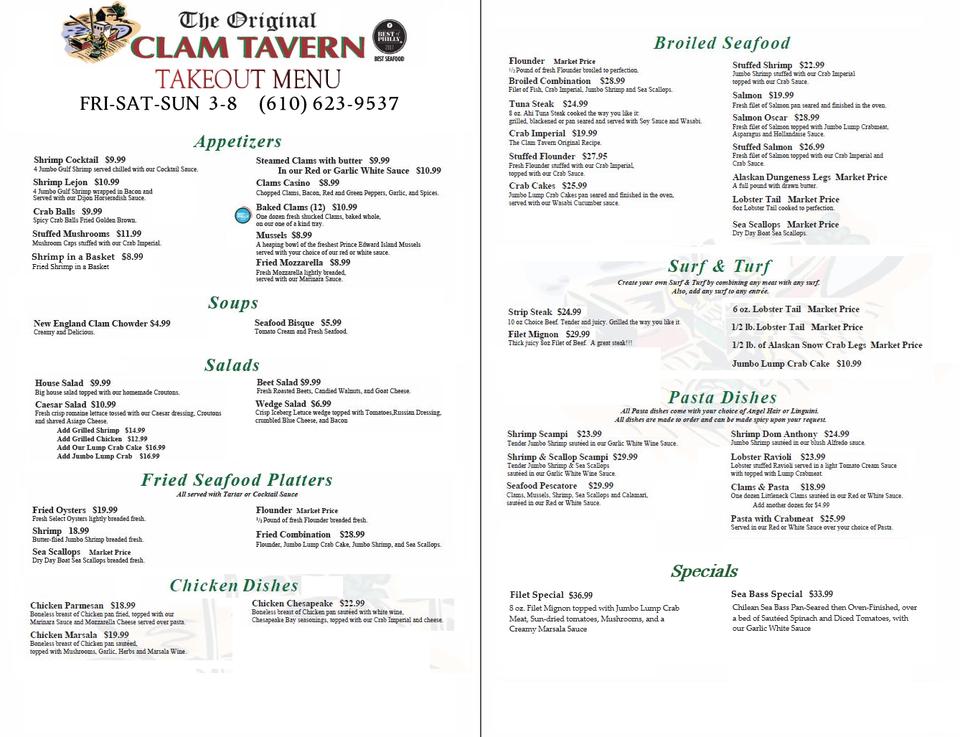 Menu at Clam Tavern restaurant, Clifton Heights