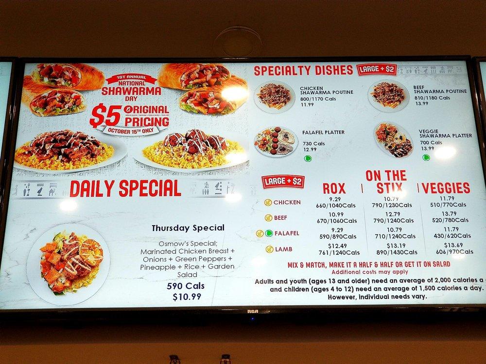 Menu at Osmow's Shawarma restaurant, Toronto, 372 Yonge St