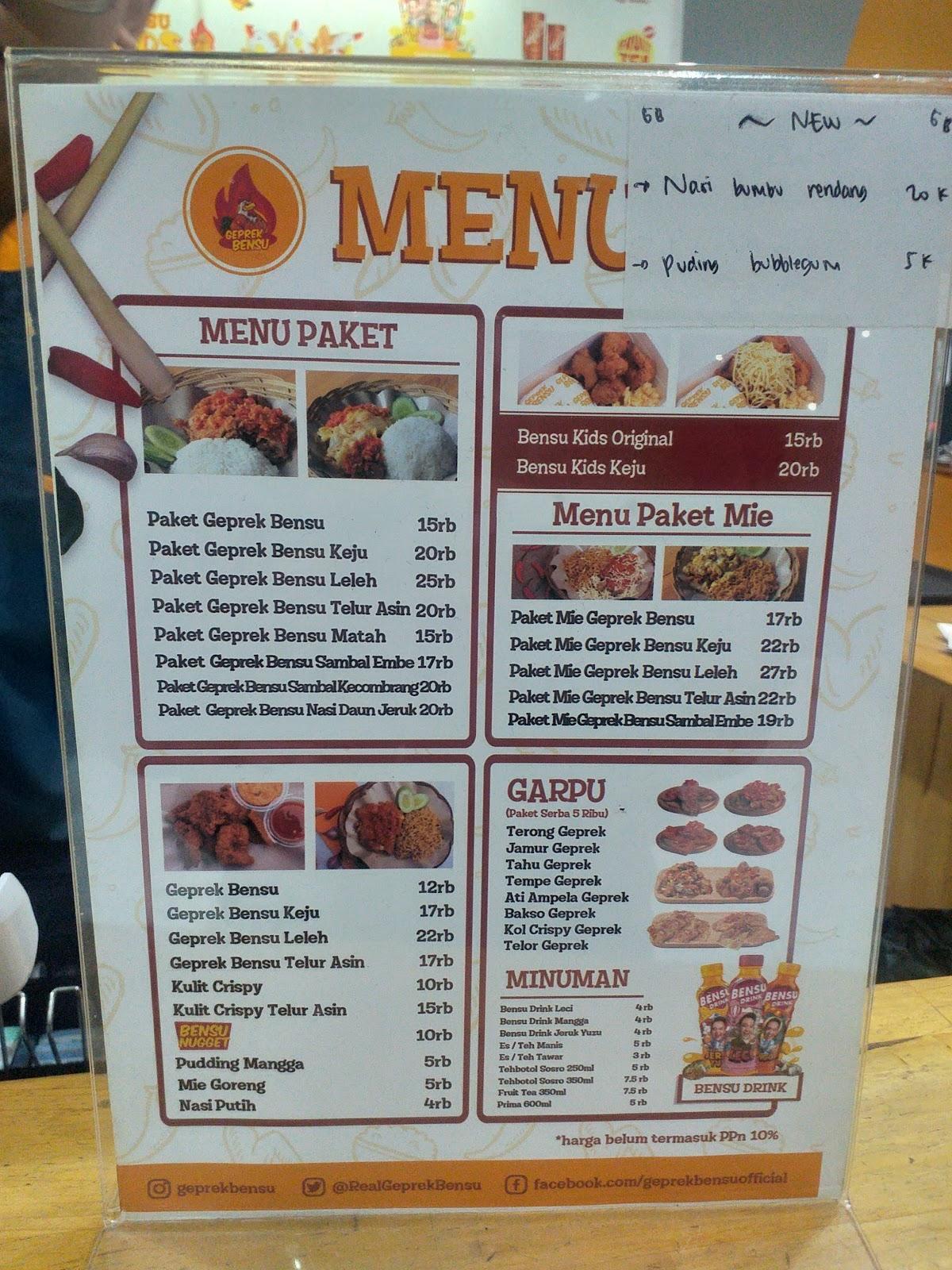 Menu at Geprek Bensu Antapani restaurant, Bandung, Jl. Terusan Jakarta ...