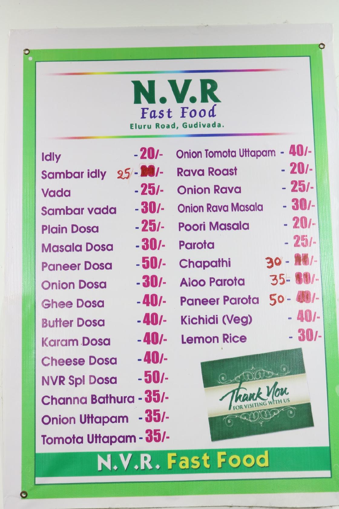 N V R Fast Food Center menu