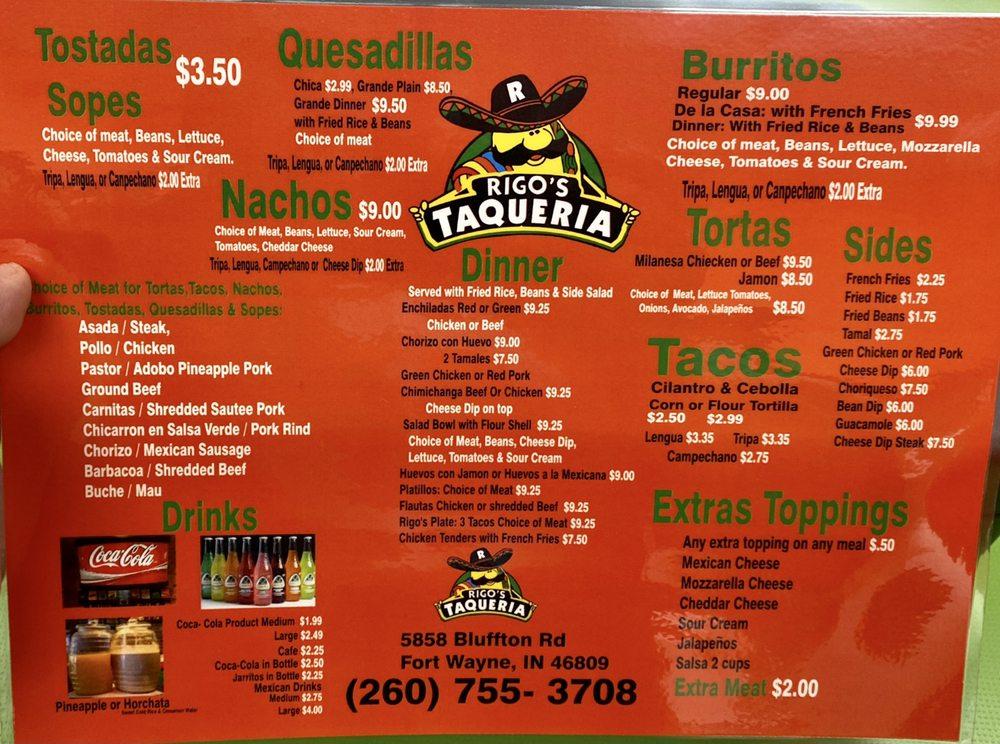 Menu at Rigo’s Taqueria restaurant, Fort Wayne