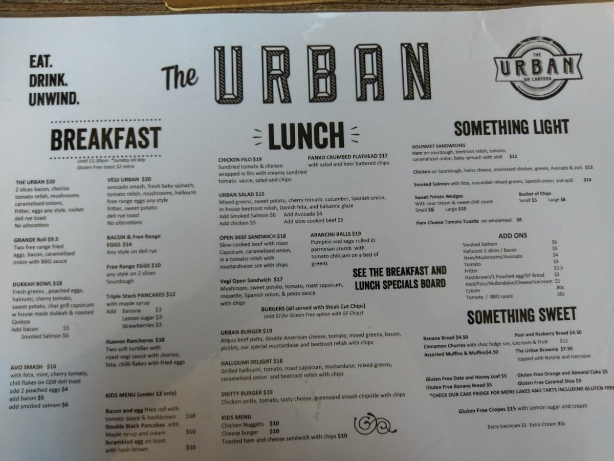 Menu at The Urban on Lantana cafe, Engadine