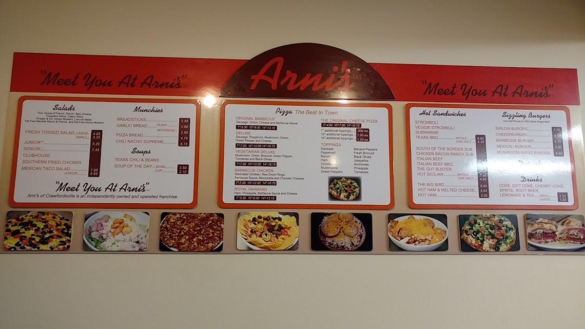 Menu at Arni's Crawfordsville pizzeria, Crawfordsville