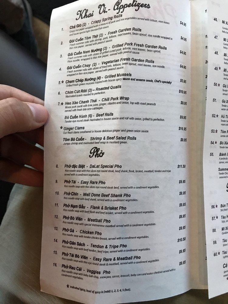 Menu at Pho DaLat restaurant, Tempe