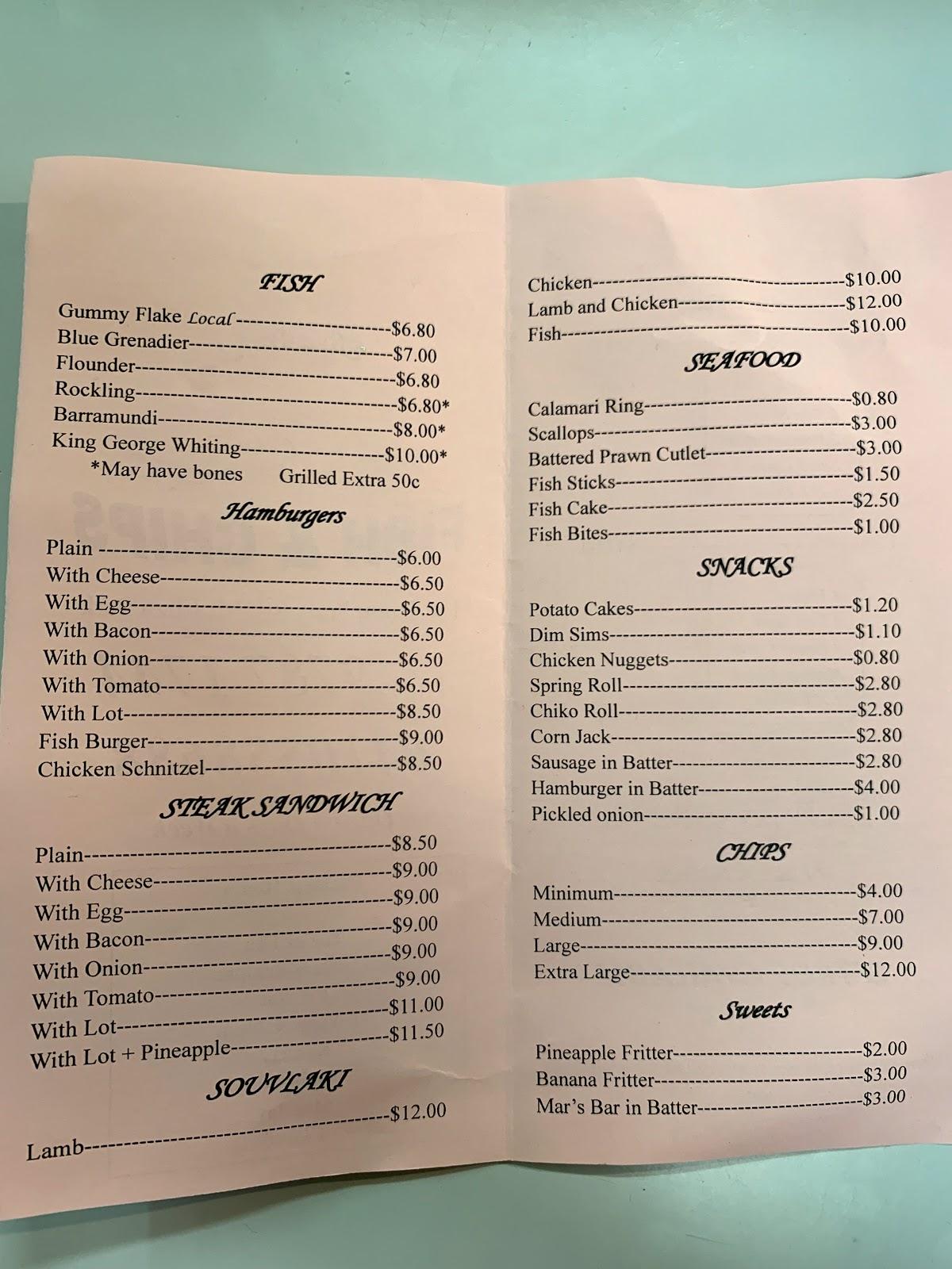 Carta de comida rápida Mt Eliza Park Fish & Chips, Mount Eliza