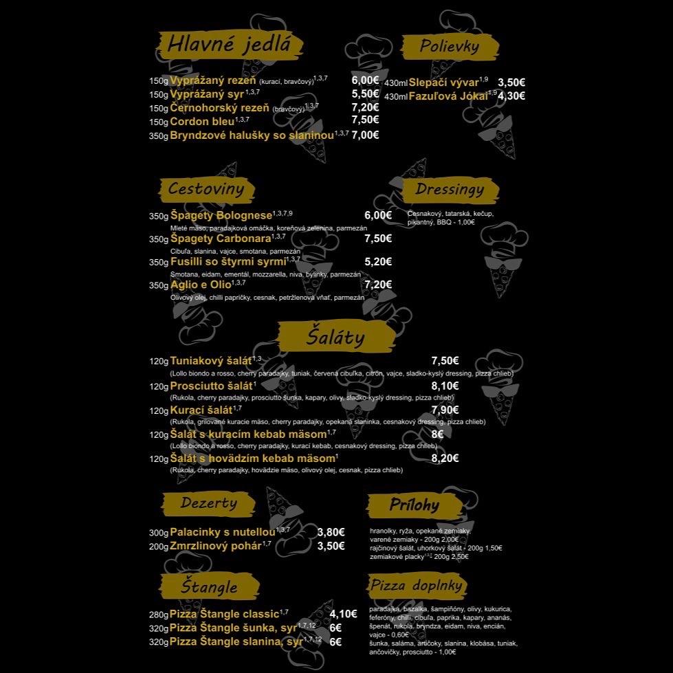 Menu at Pizza Brothers restaurant, Slovakia