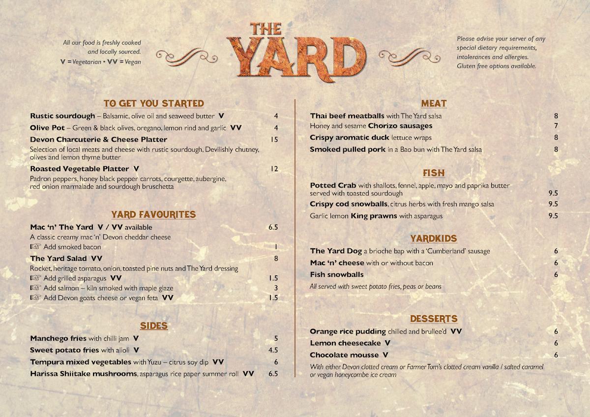 Menu at The Yard Appledore restaurant, Appledore