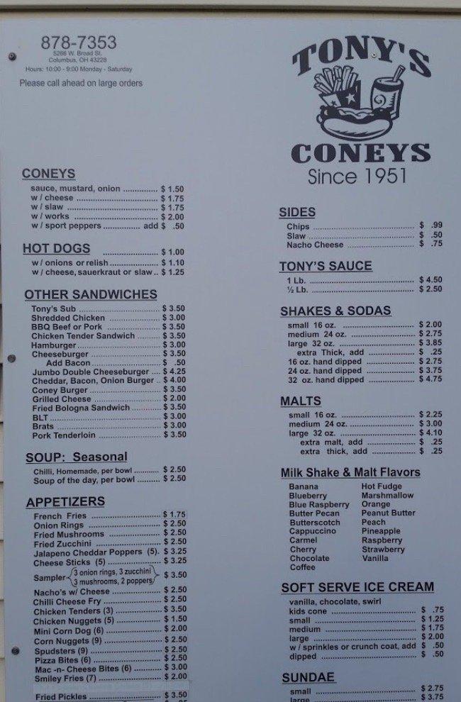 Menu at Tony's Coneys restaurant, Columbus