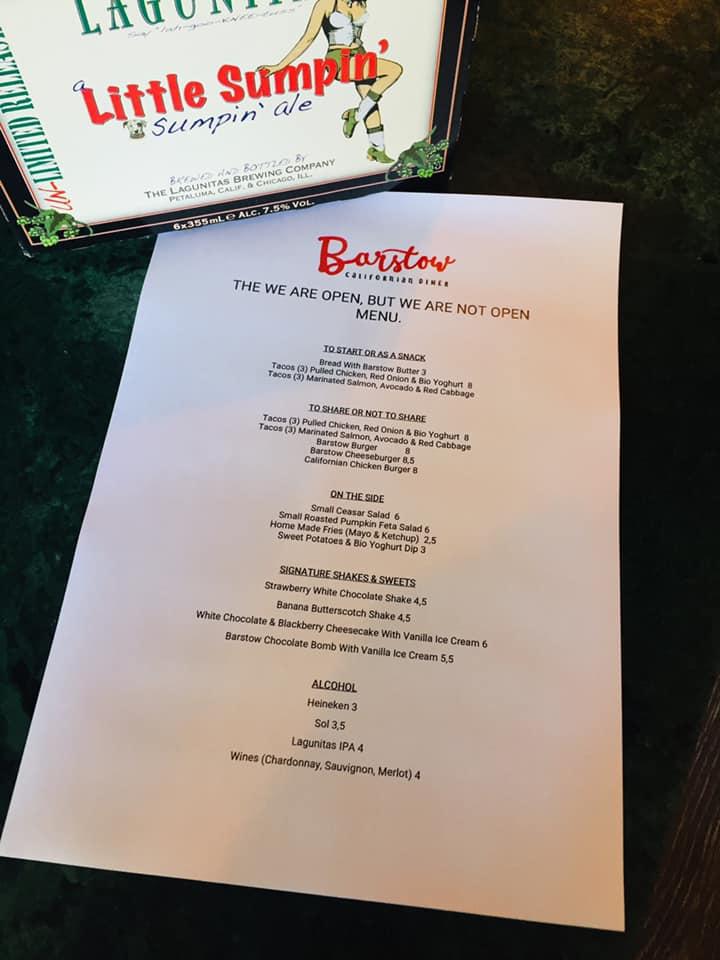 Menu at Barstow, Amsterdam