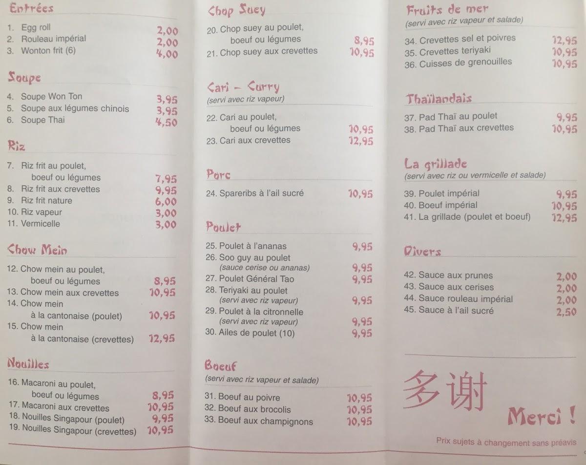Menu au Le Restaurant FU, Victoriaville
