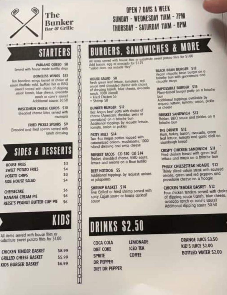 Menu at The Bunker Bar and Grille, Lago Vista