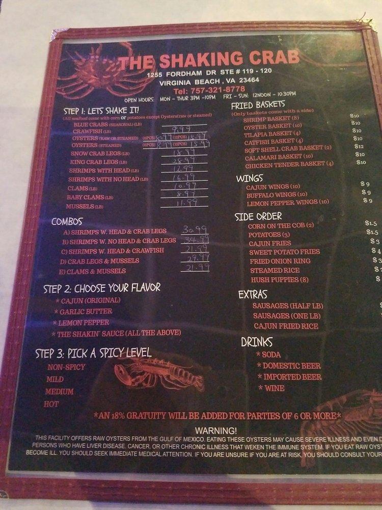Menu at Shaking Crab restaurant, Virginia Beach