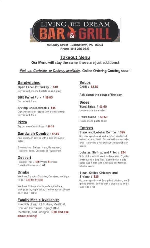 Menu at Tulune's Living the Dream Bar and Grill, Johnstown