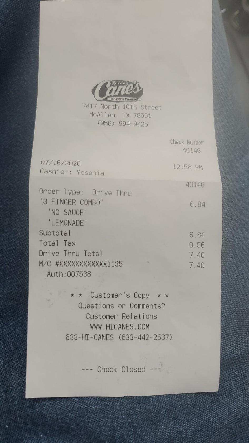 Carta de comida rápida Raising Cane's Chicken Fingers, McAllen, N 10th St