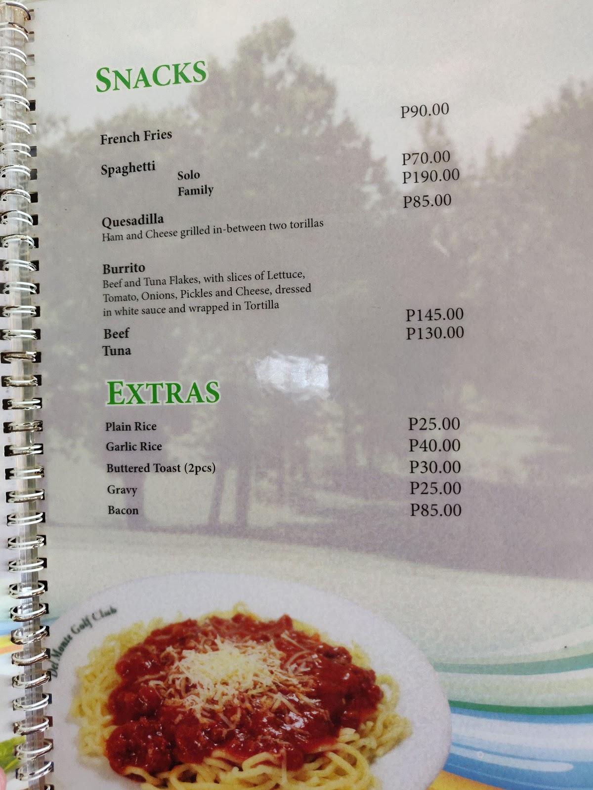 Menu at Del Monte Clubhouse, Manolo Fortich