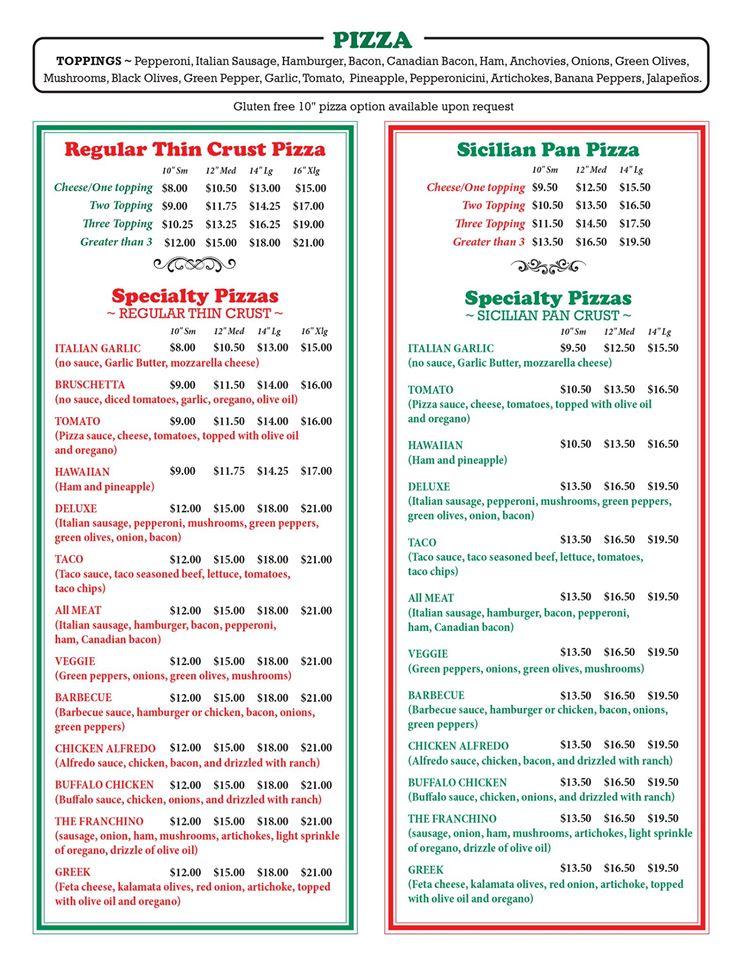 Menu at Franchino’s restaurant, Auburn