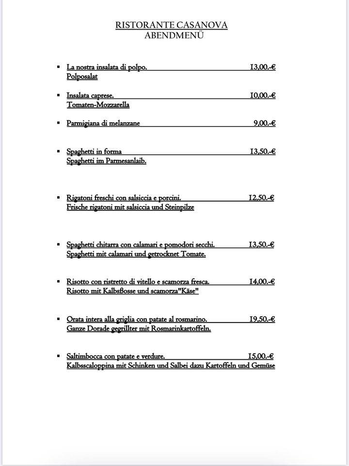 Speisekarte Von Ristorante Casanova Restaurant Weilheim An Der Teck