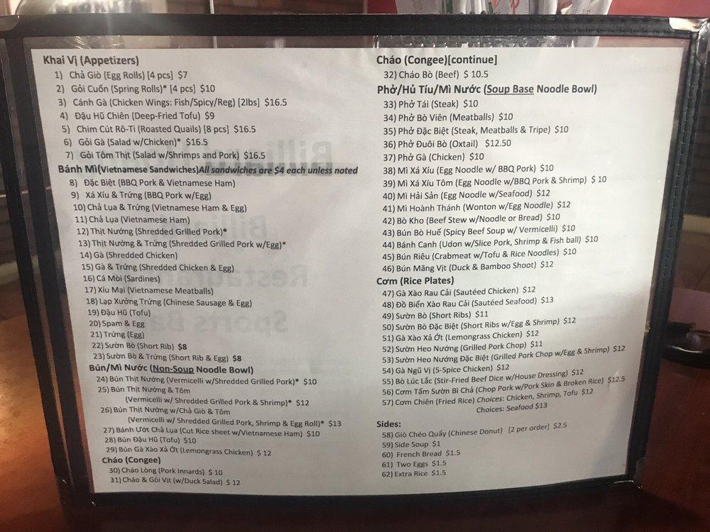 Menu at Billiard Hoang restaurant, Seattle