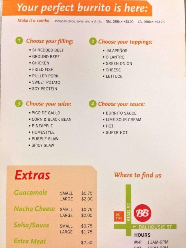 Menu at Burrito Brothers restaurant, Brantford