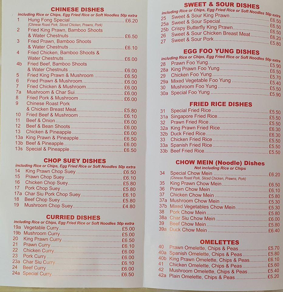 Menu at Hung Fong fast food, Selby