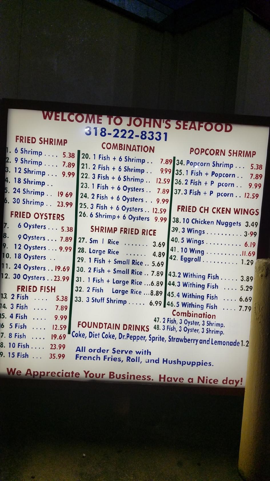 Menu at John's Seafood restaurant, Shreveport, N Market St