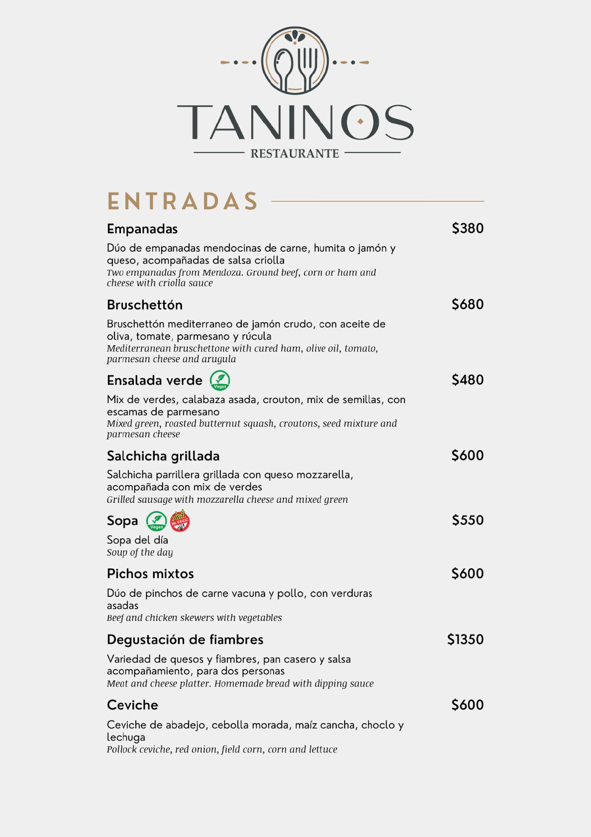 Menu at Taninos Restaurante, Mendoza