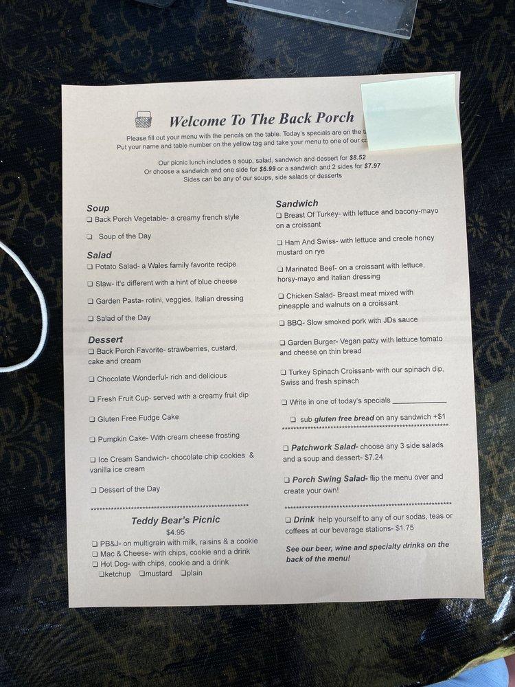 Menu at The Back Porch Restaurant, Lake Alfred, 115 Co Rd 557A