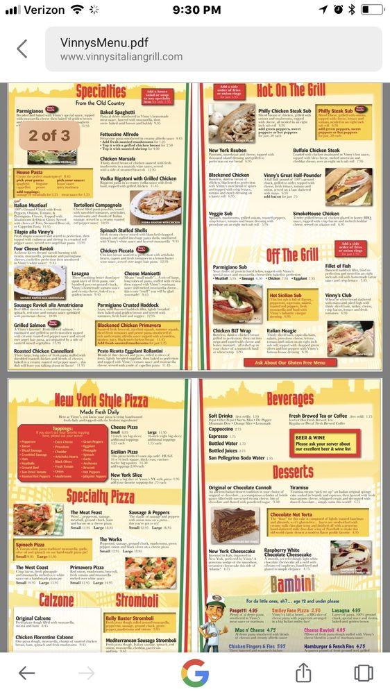 Menu at Vinny's Italian Grill & Pizzeria, King