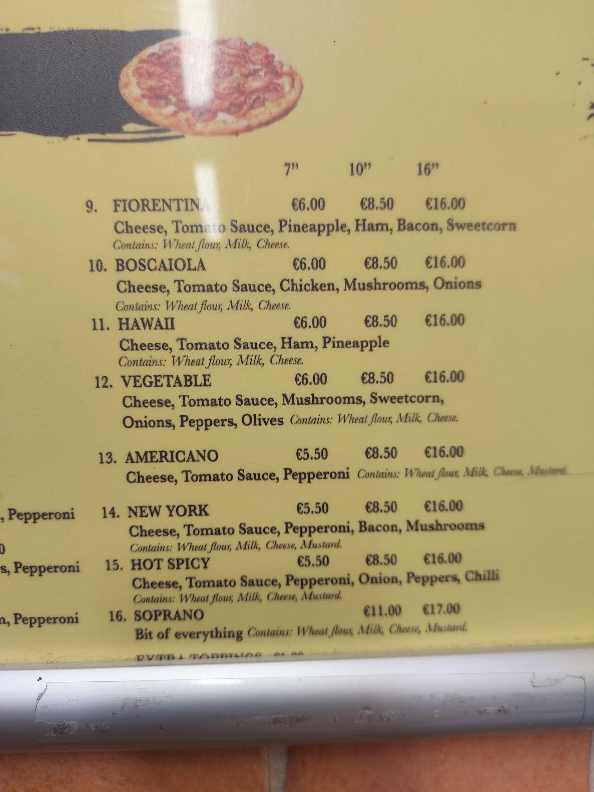 Menu at Claudio’s kanturk restaurant, Kanturk