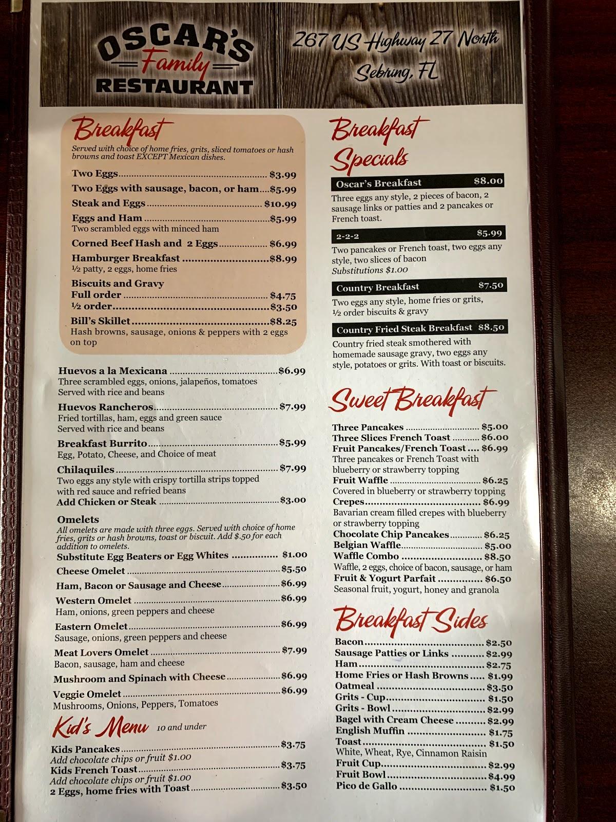 Menu at Oscar's Family Restaurant, Sebring