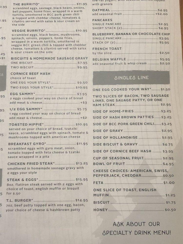 Menu at Back Country Cafe, Gunnison