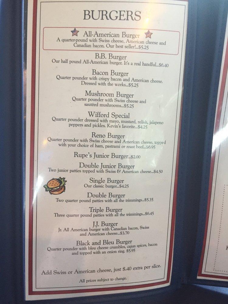 Menu at Rupe's Burgers restaurant, Blackfoot