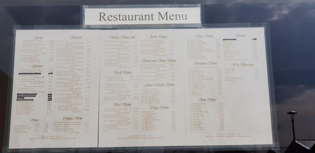 Menu at Wongs restaurant, Grangemouth
