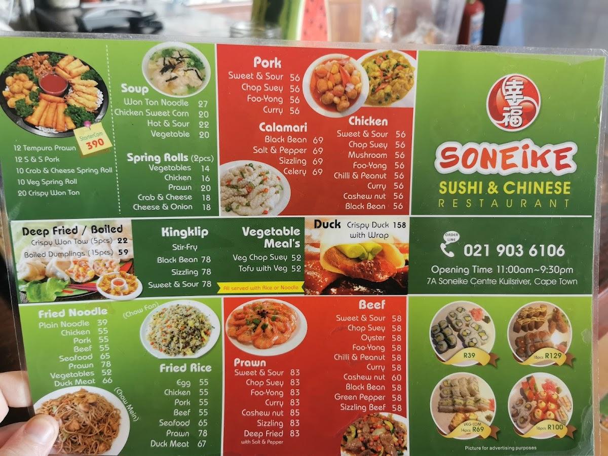 Menu at Soneike Sushi & Chinese Restaurant, Cape Town