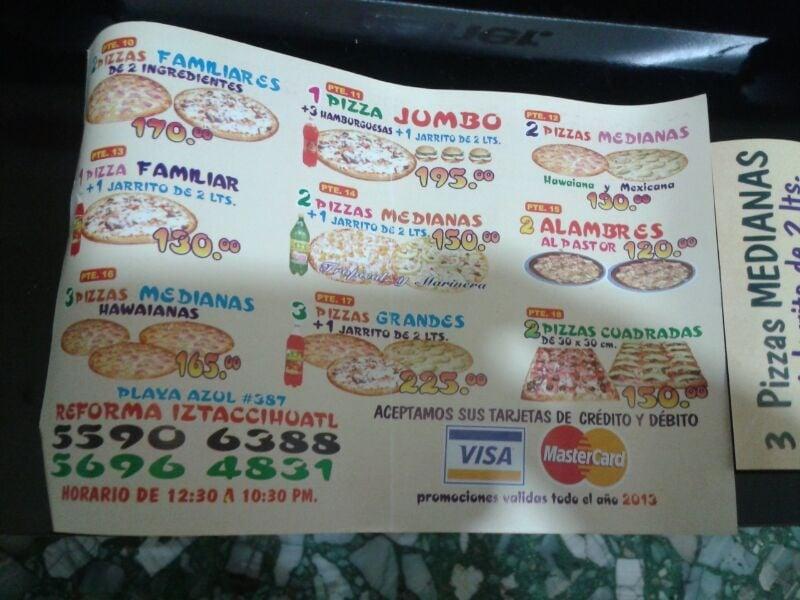 Menu at pizzarelli pizzeria, Mexico City, Playa Azul 387
