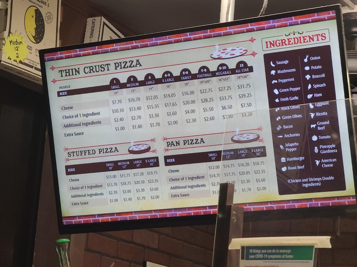 Menu at Mama Luna's pizzeria, Chicago, W Addison St