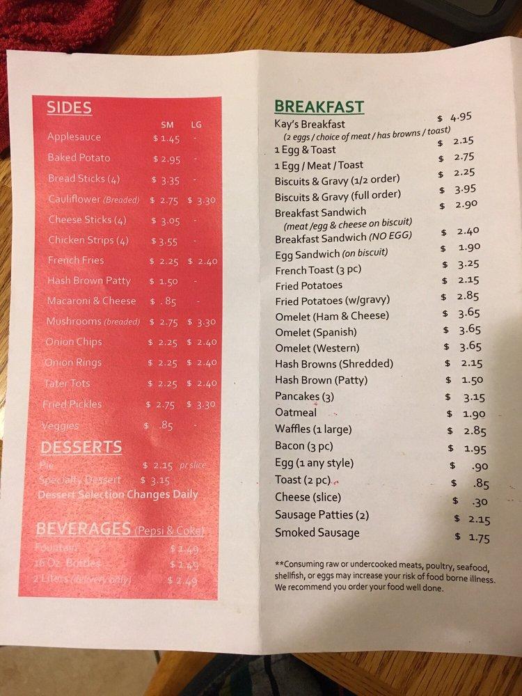 Menu at Kay's Pizza pizzeria, Gas City