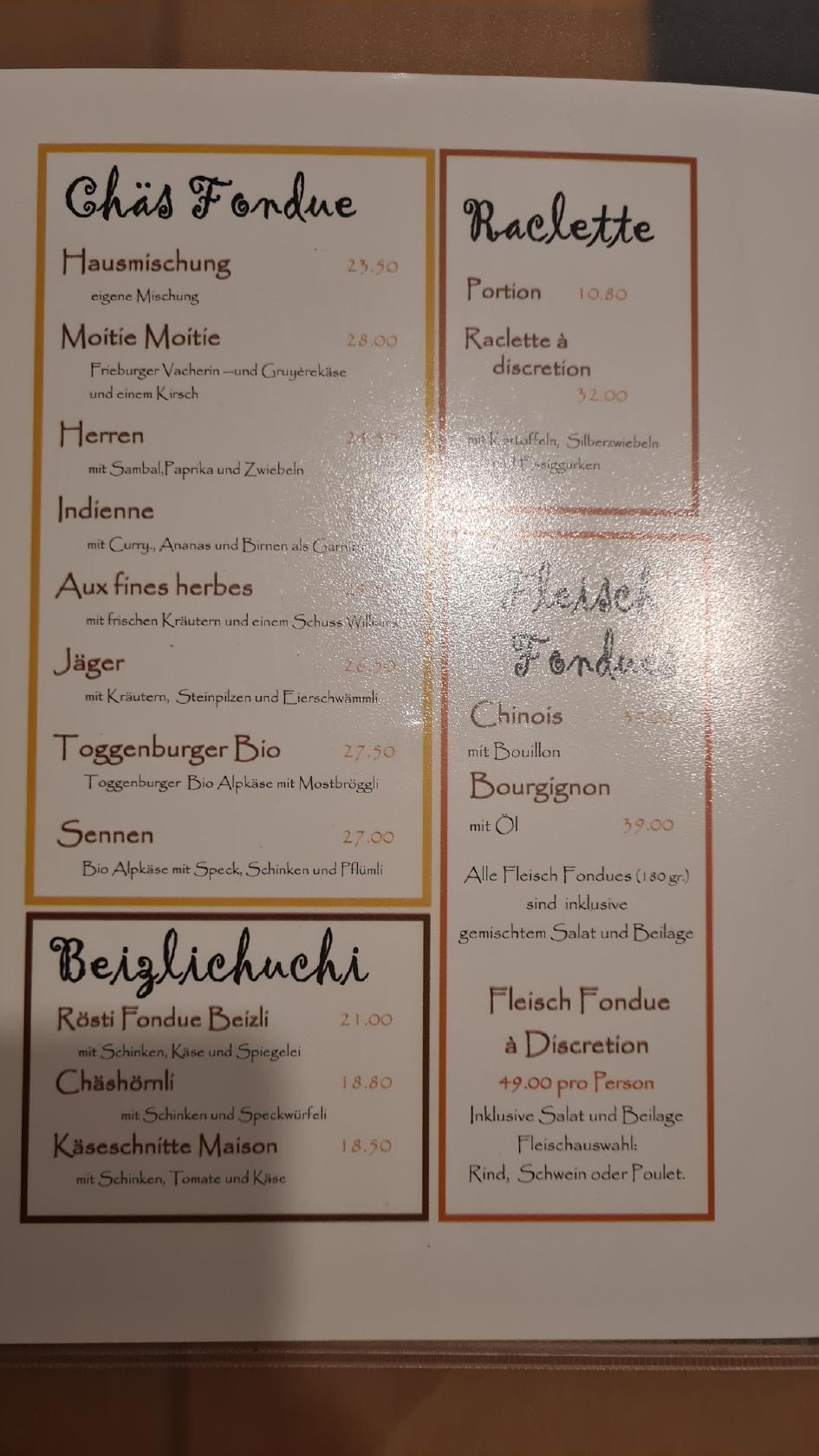 Speisekarte von Fondue Beizli, Saint Gallen, Brühlgasse 26