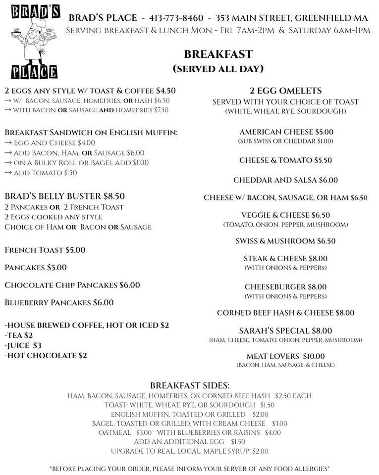 Menu at Brad's Place restaurant, Greenfield