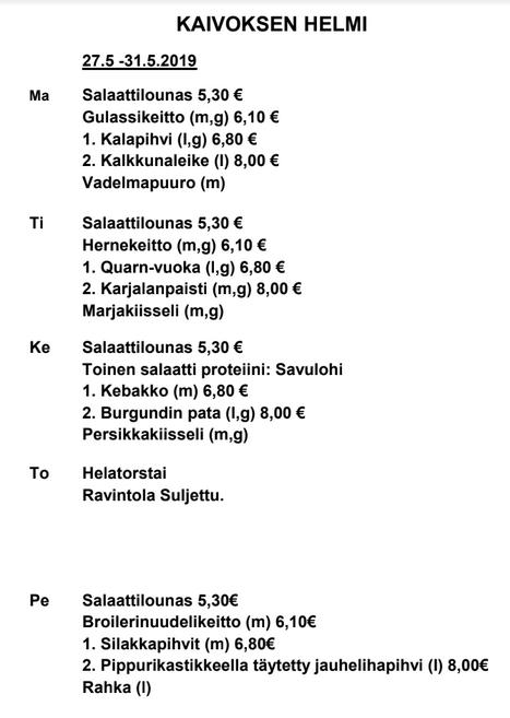 Menu at Nordkalk Kaivoksen Helmi restaurant, Lappeenranta