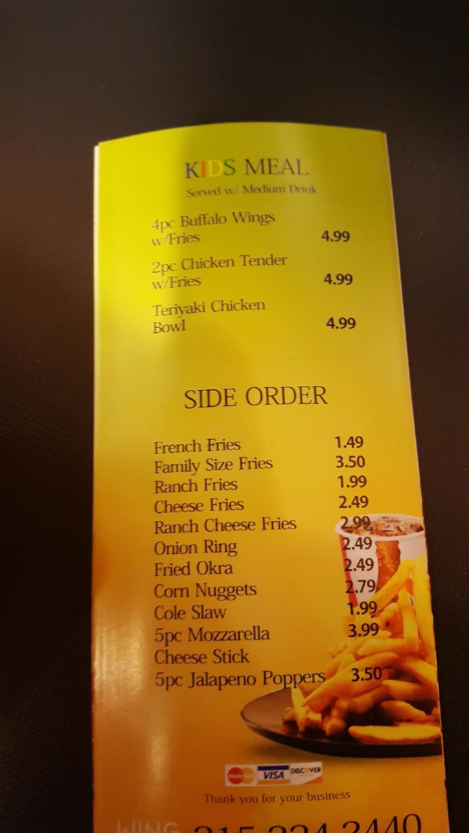 Menu at Wing spot restaurant, Philadelphia, N Front St 101
